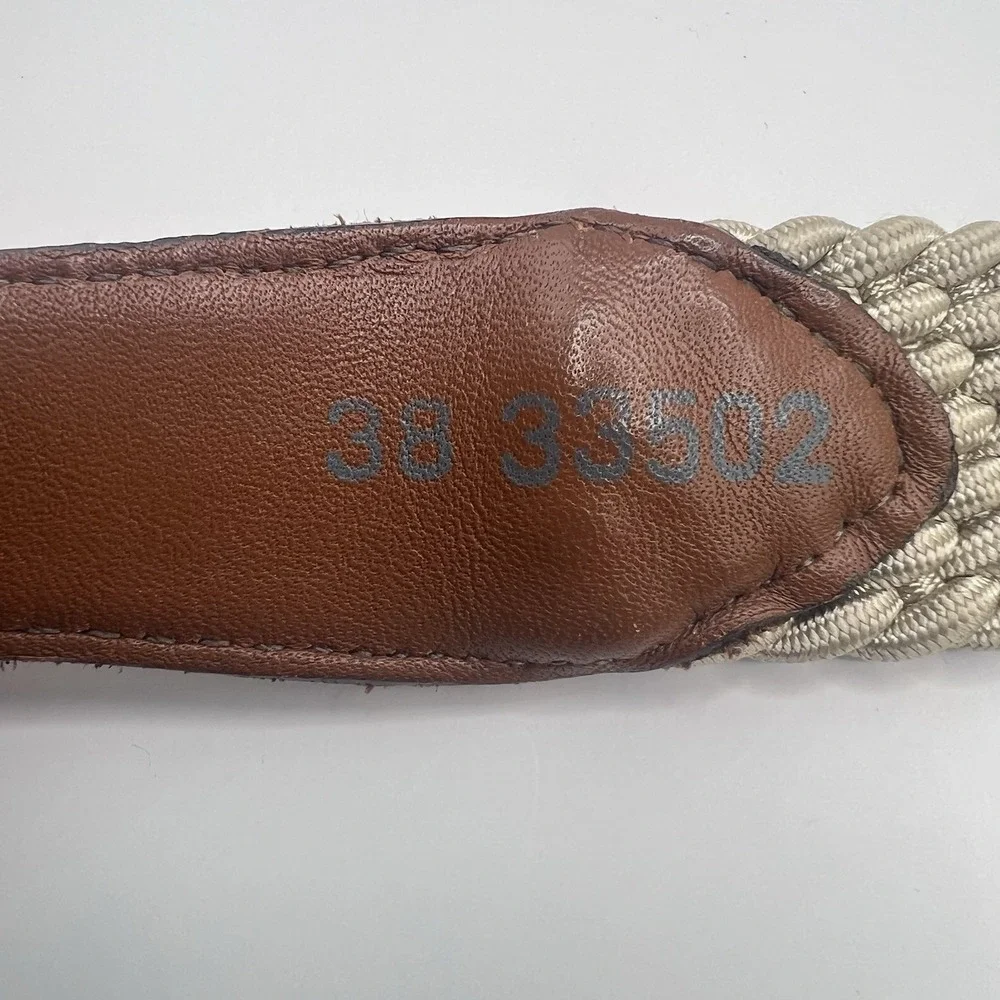 VTG Brighton Woven‎ Textile Belt Men 35-37 Beige Brass Buckle Distressed Leather